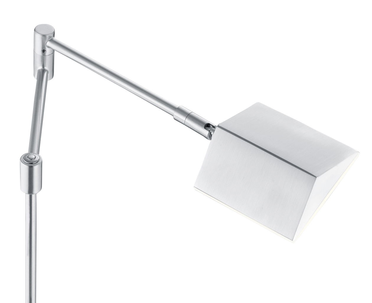 Nahaufnahme der LED-Stehleuchte JOHANN mit modernem, silbernem Design und verstellbarem Arm.