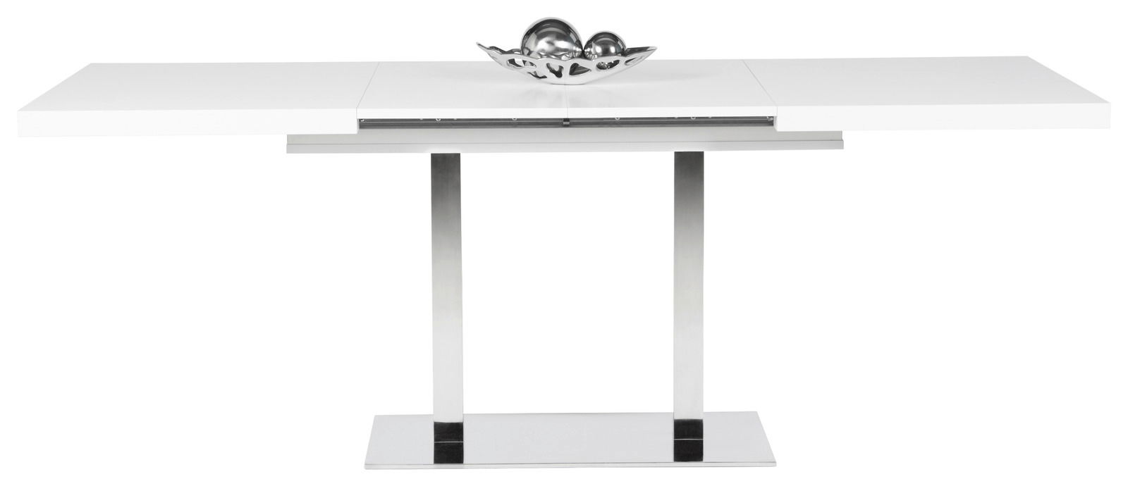 Moderner weißer Esstisch mit ausziehbarer Tischplatte und Metallgestell, frontal fotografiert.