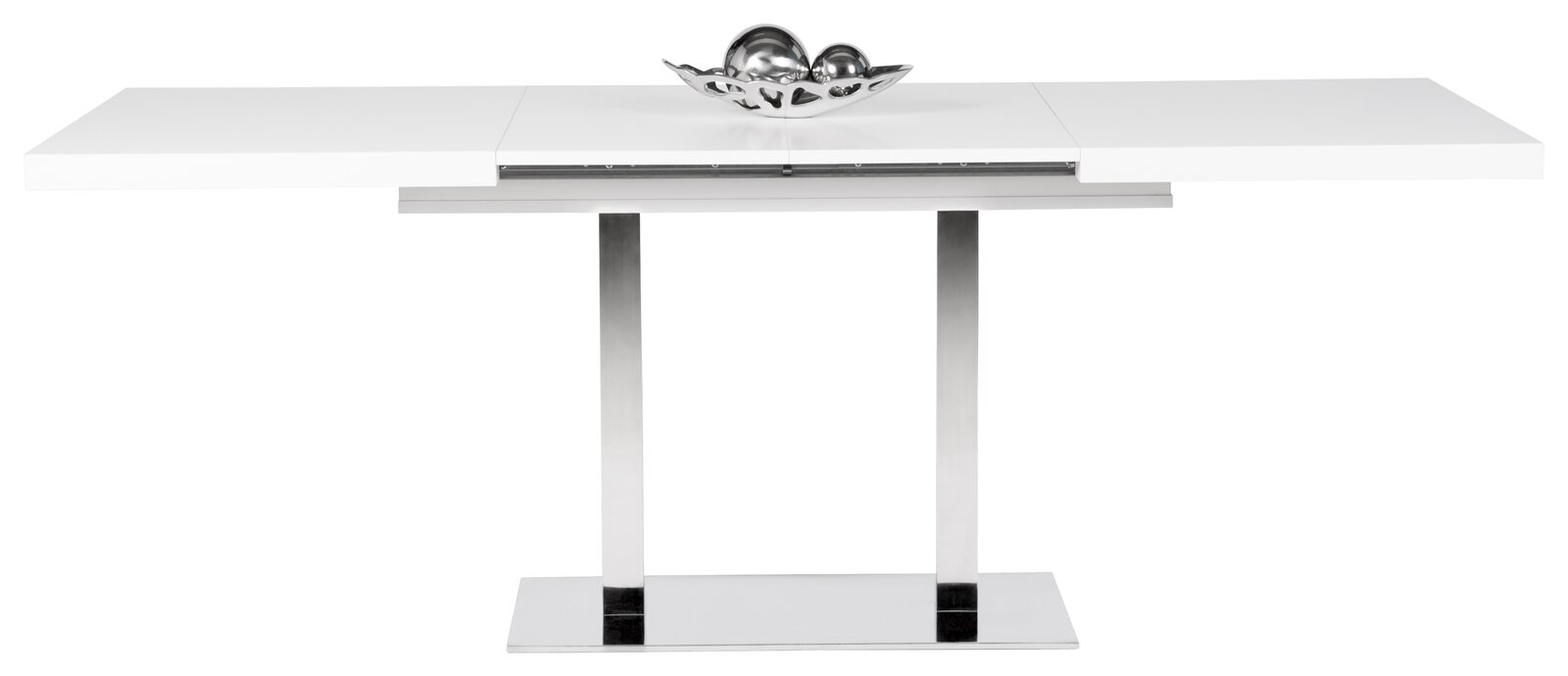 Moderner weißer Esstisch mit ausziehbarer Tischplatte und Metallgestell, frontal fotografiert.