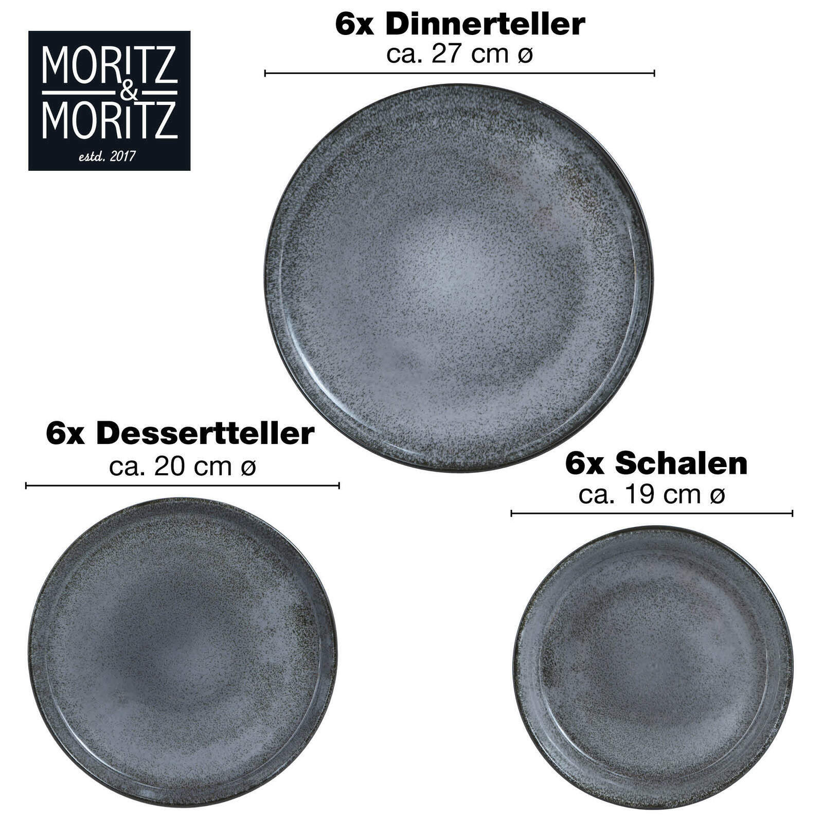 Draufsicht auf ein 18-teiliges Tafelservice in Anthrazit, bestehend aus 6 Dinnertellern (ca. 27 cm Ø), 6 Desserttellern (ca. 20 cm Ø) und 6 Schalen (ca. 19 cm Ø).