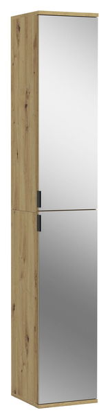 Spiegelschrank aus Holz mit zwei verspiegelten Türen, seitliche Perspektive