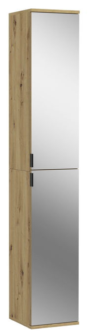 Spiegelschrank aus Holz mit zwei verspiegelten Türen, seitliche Perspektive