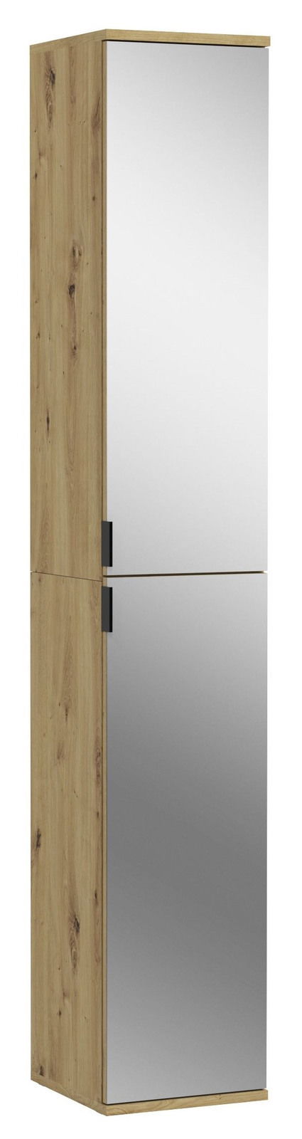 Spiegelschrank aus Holz mit zwei verspiegelten Türen, seitliche Perspektive