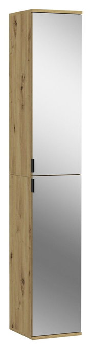 Spiegelschrank aus Holz mit zwei verspiegelten Türen, seitliche Perspektive