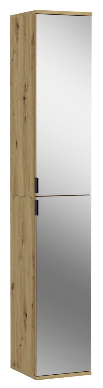 Spiegelschrank aus Holz mit zwei verspiegelten Türen, seitliche Perspektive
