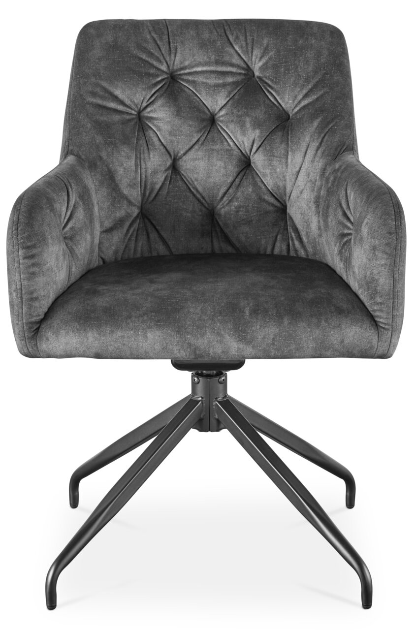 Grijze fauteuil met gestoffeerde zitting en rugleuning, op een zwart metalen onderstel, vooraanzicht