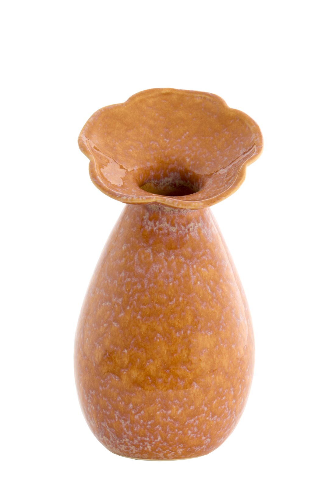 Keramikvase in warmem Orange mit blütenförmiger Öffnung, Ansicht von vorne