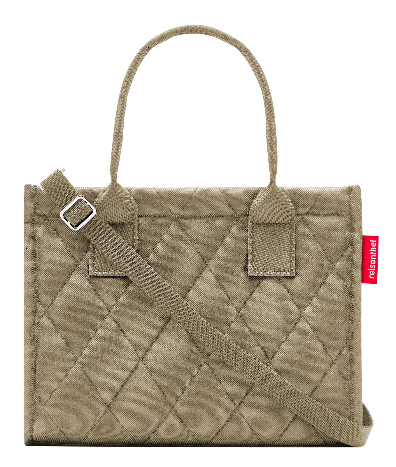 Beige Shopper-Tasche mit Rautenmuster, Tragegriffen und verstellbarem Schulterriemen, Vorderansicht