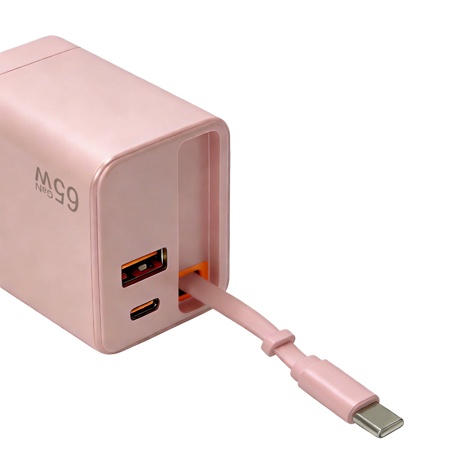 Roségoldenes USB-Ladegerät mit integriertem ausziehbarem USB-C-Kabel sowie USB-A- und USB-C-Anschluss, schräg von vorne in Nahaufnahme auf weißem Hintergrund