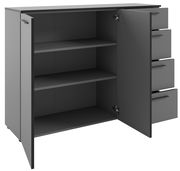 Graues Sideboard mit offenen Türen und Schubladen, seitliche Perspektive