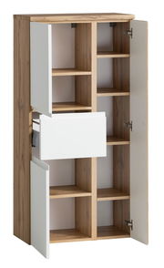 Offener Midischrank aus Holz mit weißen Türen und Schublade, frontal betrachtet