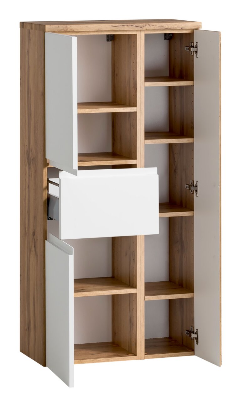 Offener Midischrank aus Holz mit weißen Türen und Schublade, frontal betrachtet
