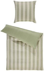Grün-weiß gestreifte Bettwäsche mit Kissenbezug, Vorderansicht von oben; Deckenbezug teils umgeschlagen und Rückseite in Uni-Salbeigrün sichtbar