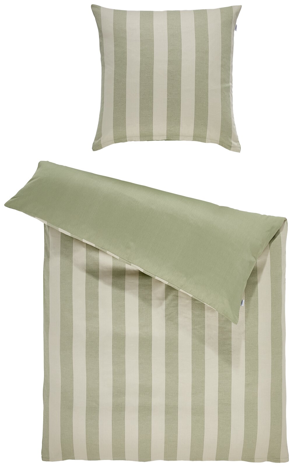 Grün-weiß gestreifte Bettwäsche mit Kissenbezug, Vorderansicht von oben; Deckenbezug teils umgeschlagen und Rückseite in Uni-Salbeigrün sichtbar