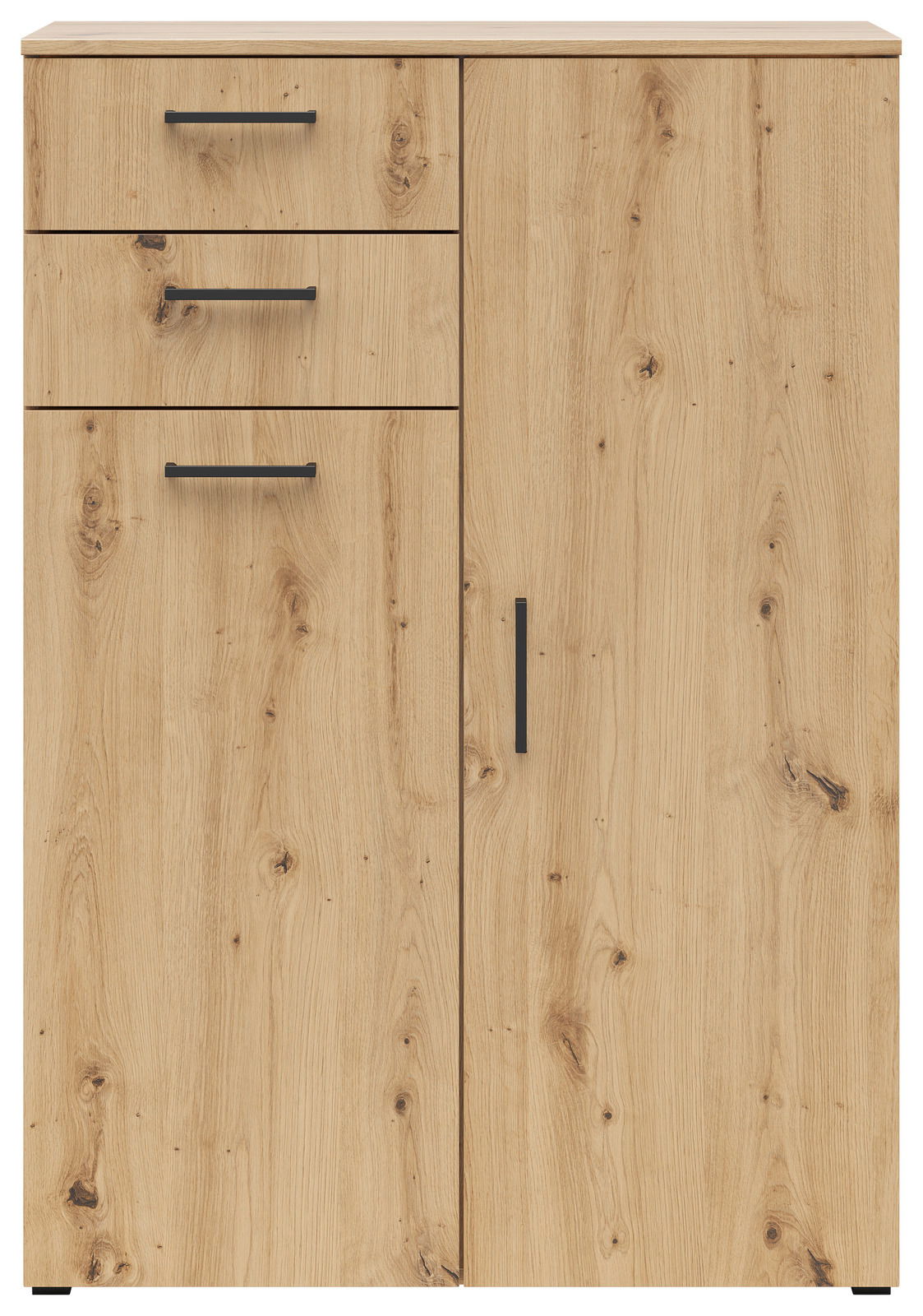 Frontansicht einer modernen Kommode aus hellem Holz mit drei Schubladen und einer Tür, schwarzen Griffen und natürlicher Holzmaserung.