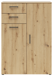 Frontansicht einer modernen Kommode aus hellem Holz mit drei Schubladen und einer Tür, schwarzen Griffen und natürlicher Holzmaserung.