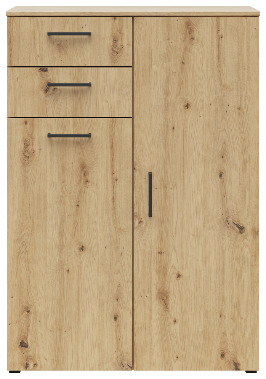 Frontansicht einer modernen Kommode aus hellem Holz mit drei Schubladen und einer Tür, schwarzen Griffen und natürlicher Holzmaserung.