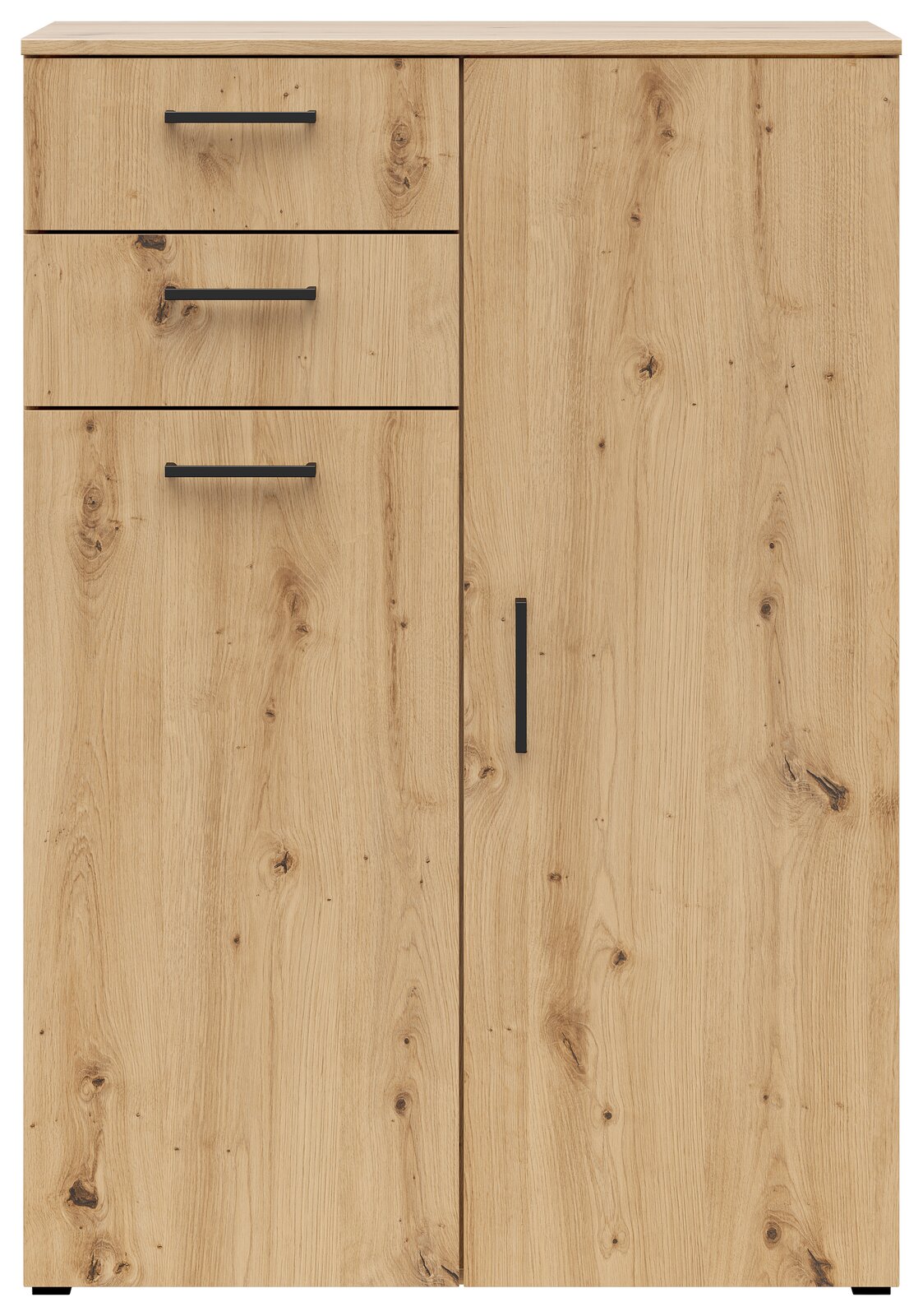 Frontansicht einer modernen Kommode aus hellem Holz mit drei Schubladen und einer Tür, schwarzen Griffen und natürlicher Holzmaserung.