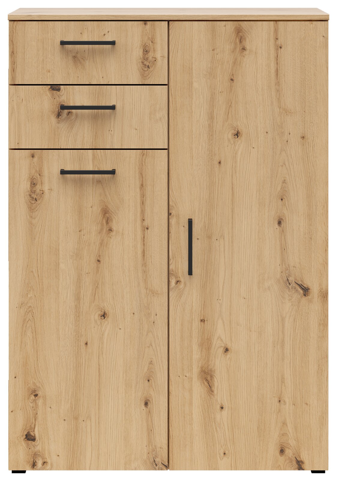 Frontansicht einer modernen Kommode aus hellem Holz mit drei Schubladen und einer Tür, schwarzen Griffen und natürlicher Holzmaserung.