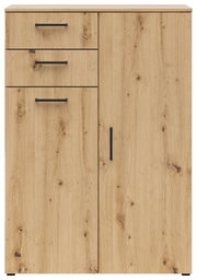 Frontansicht einer modernen Kommode aus hellem Holz mit drei Schubladen und einer Tür, schwarzen Griffen und natürlicher Holzmaserung.