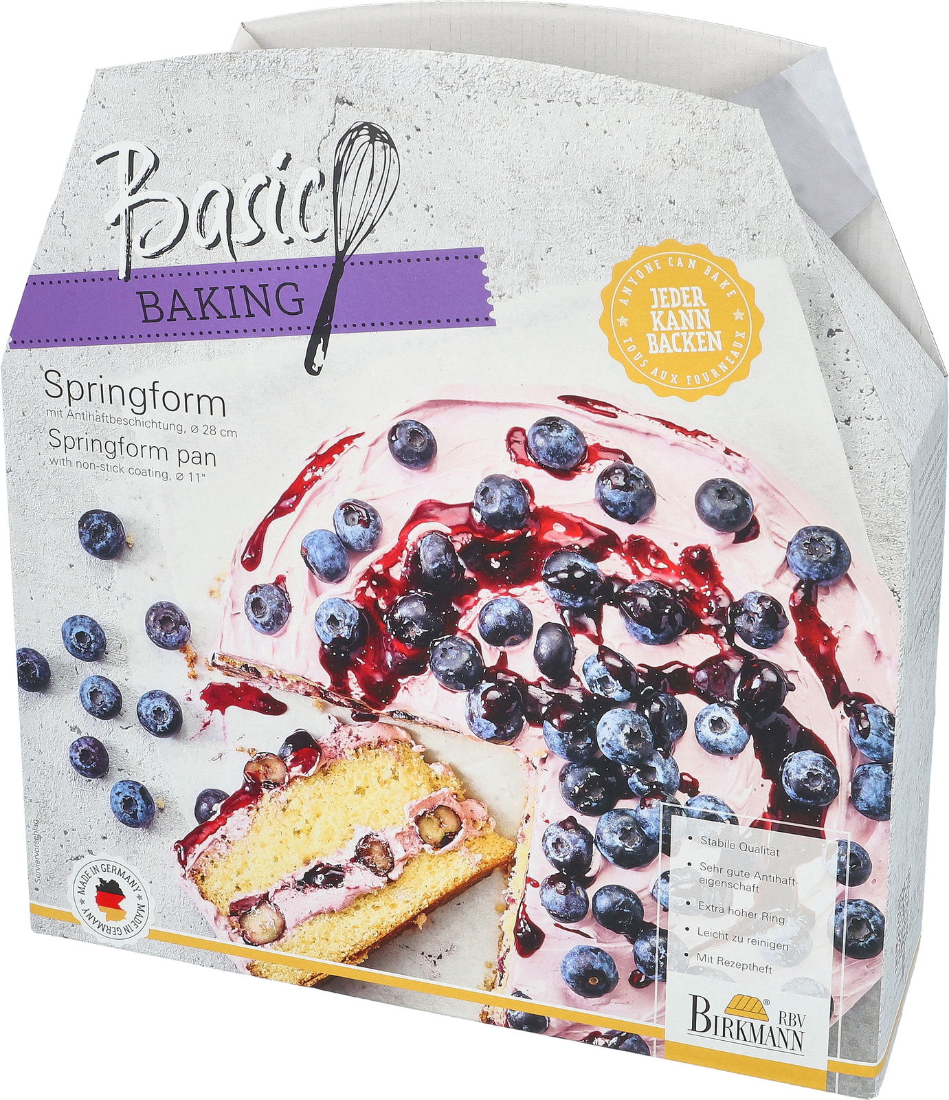 Verpackung einer Springform mit einem Bild eines Kuchens mit Beeren, Vorderansicht