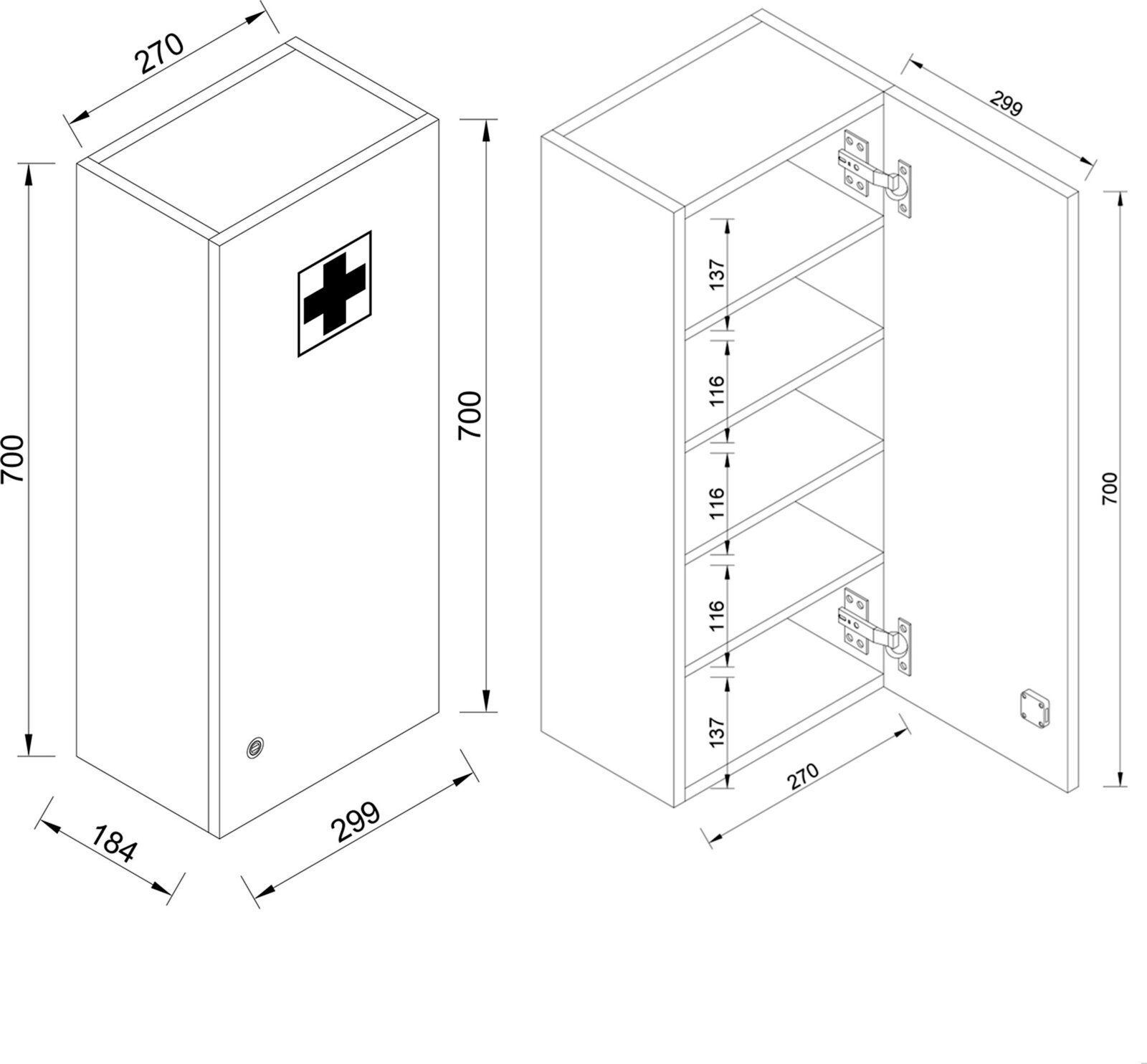 Technische Zeichnung eines weißen Erste-Hilfe-Wandschranks mit Kreuzsymbol, einmal geschlossen und einmal geöffnet in isometrischer 3D-Perspektive, mit Maßen 700 x 299 x 184 mm und Innenfächern