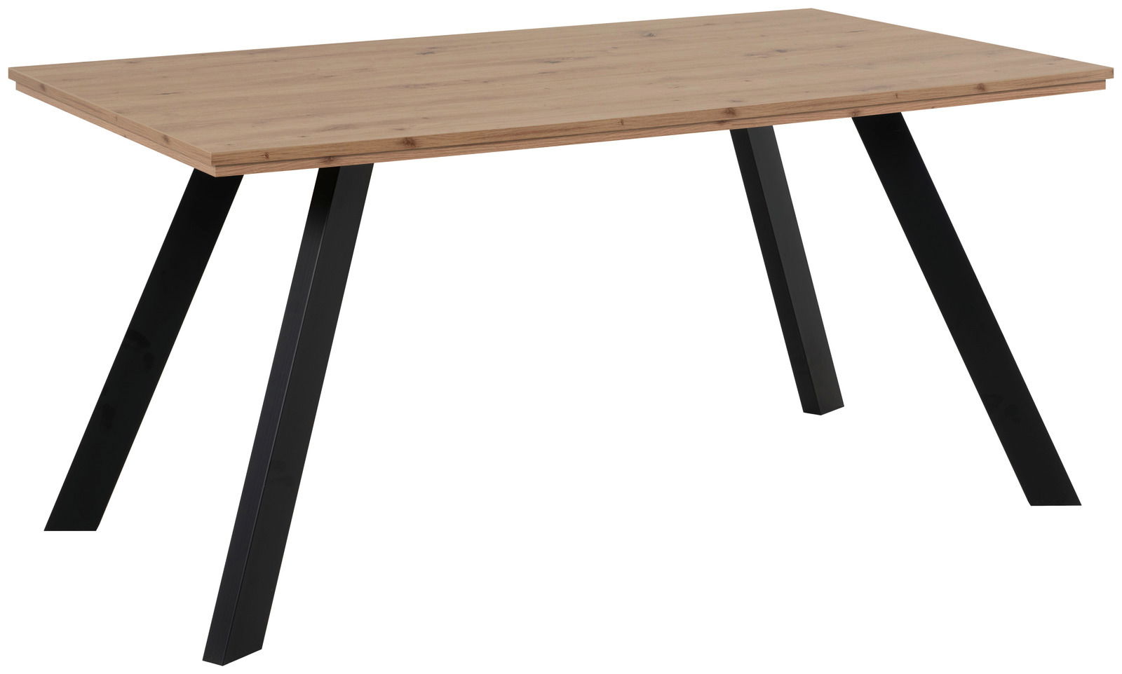 Moderner Esstisch mit Holzplatte und schwarzen Metallbeinen, seitliche Perspektive