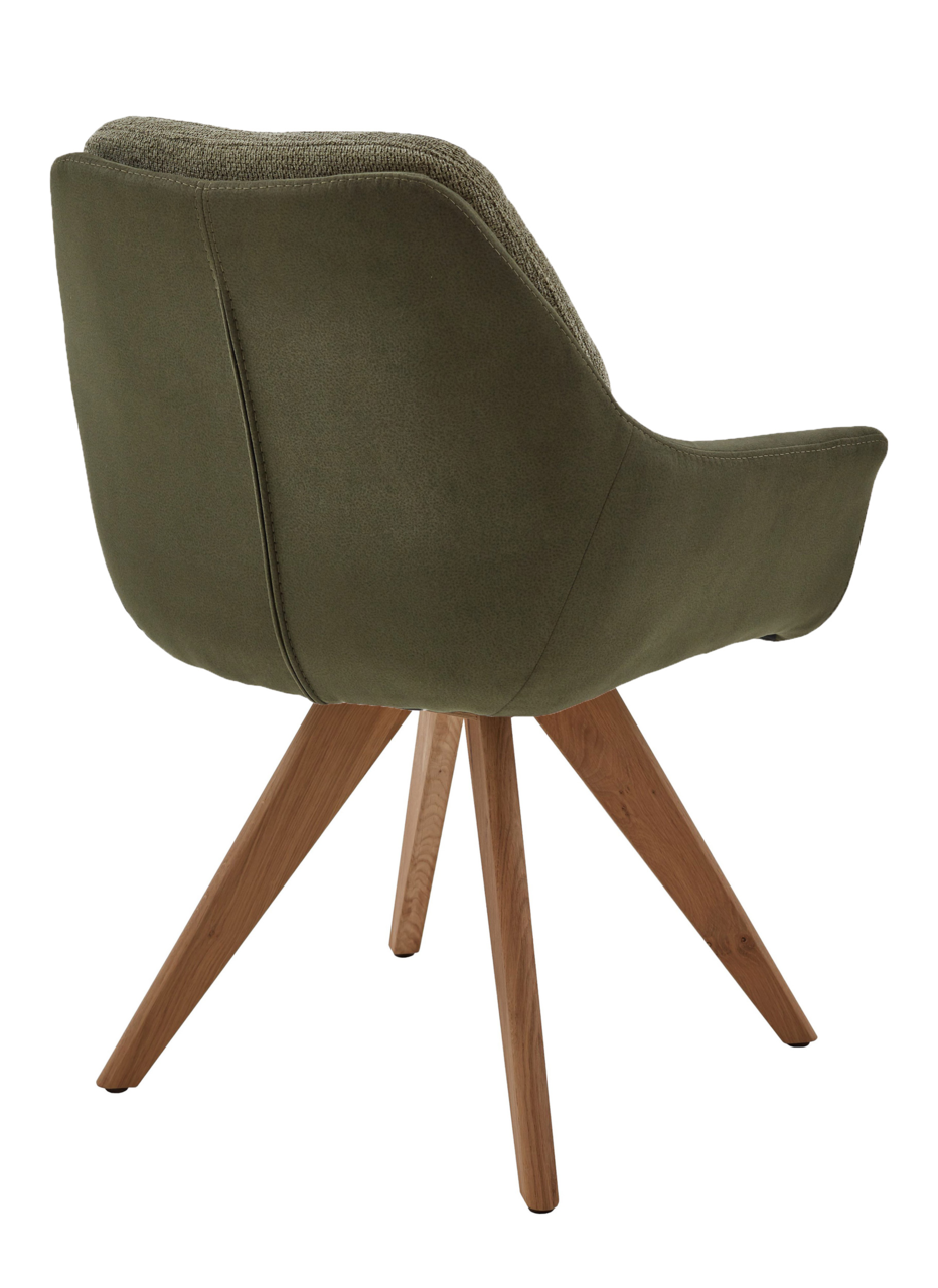 Valnatura Armlehnstuhl MANADO Rückansicht eines grünen Armlehnstuhls mit Holzbeinen, Modell Valnatura Armlehnstuhl MANADO.
