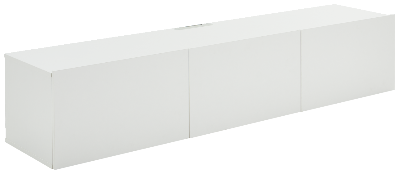 Weißes TV-Hängelowboard mit drei Türen, seitliche Perspektive
