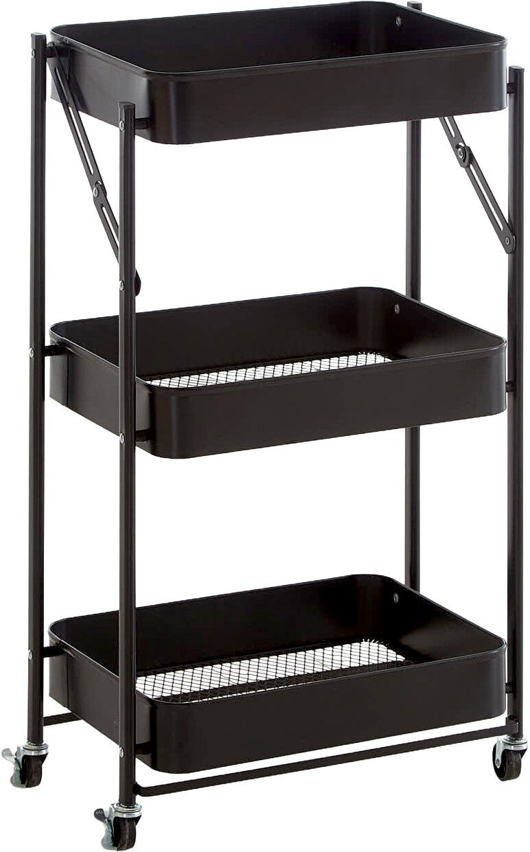 Schwarzer, rollbarer Servierwagen mit drei Ablagekörben aus Metall und Lenkrollen, freigestellt auf weißem Hintergrund, Ansicht schräg von vorne