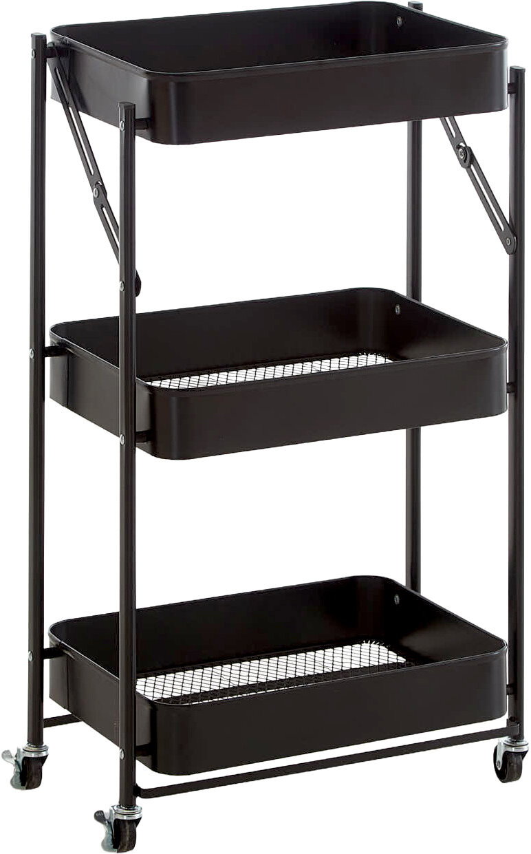 Schwarzer, rollbarer Servierwagen mit drei Ablagekörben aus Metall und Lenkrollen, freigestellt auf weißem Hintergrund, Ansicht schräg von vorne