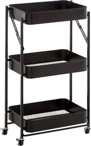 Schwarzer, rollbarer Servierwagen mit drei Ablagekörben aus Metall und Lenkrollen, freigestellt auf weißem Hintergrund, Ansicht schräg von vorne
