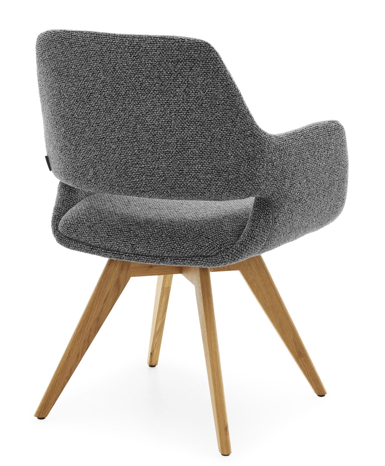 Rückansicht eines grauen Armlehnstuhls mit Holzbeinen, moderne und elegante Gestaltung