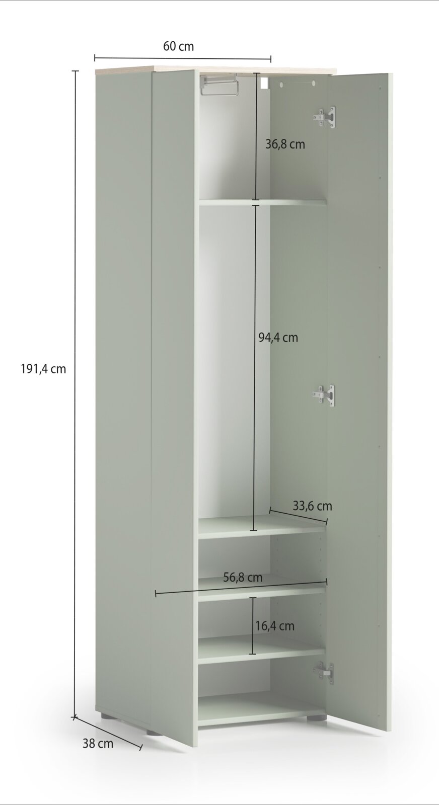 Kledingkast in vooraanzicht met open deuren, met zicht op de binnenvakken en de kledingstang, afmetingen: 191,4 cm hoog, 60 cm breed, 38 cm diep.