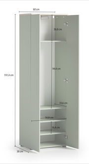 Garderobenschrank in Frontansicht mit offenen Türen, zeigt Innenfächer und Kleiderstange, Maße: 191,4 cm hoch, 60 cm breit, 38 cm tief.