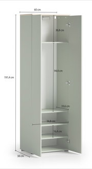 Garderobenschrank in Frontansicht mit offenen Türen, zeigt Innenfächer und Kleiderstange, Maße: 191,4 cm hoch, 60 cm breit, 38 cm tief.