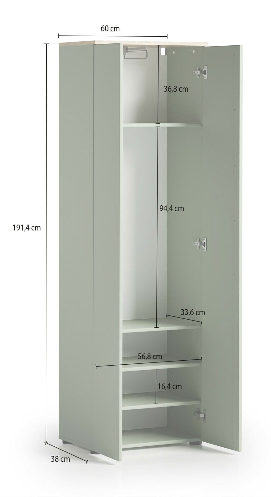 Garderobenschrank in Frontansicht mit offenen Türen, zeigt Innenfächer und Kleiderstange, Maße: 191,4 cm hoch, 60 cm breit, 38 cm tief.