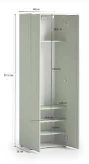 Garderobenschrank in Frontansicht mit offenen Türen, zeigt Innenfächer und Kleiderstange, Maße: 191,4 cm hoch, 60 cm breit, 38 cm tief.