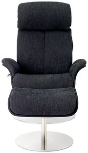 Frontansicht eines modernen, dunkelgrauen Relaxsessels mit verchromtem Standfuß.