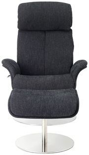 Frontansicht eines modernen, dunkelgrauen Relaxsessels mit verchromtem Standfuß.