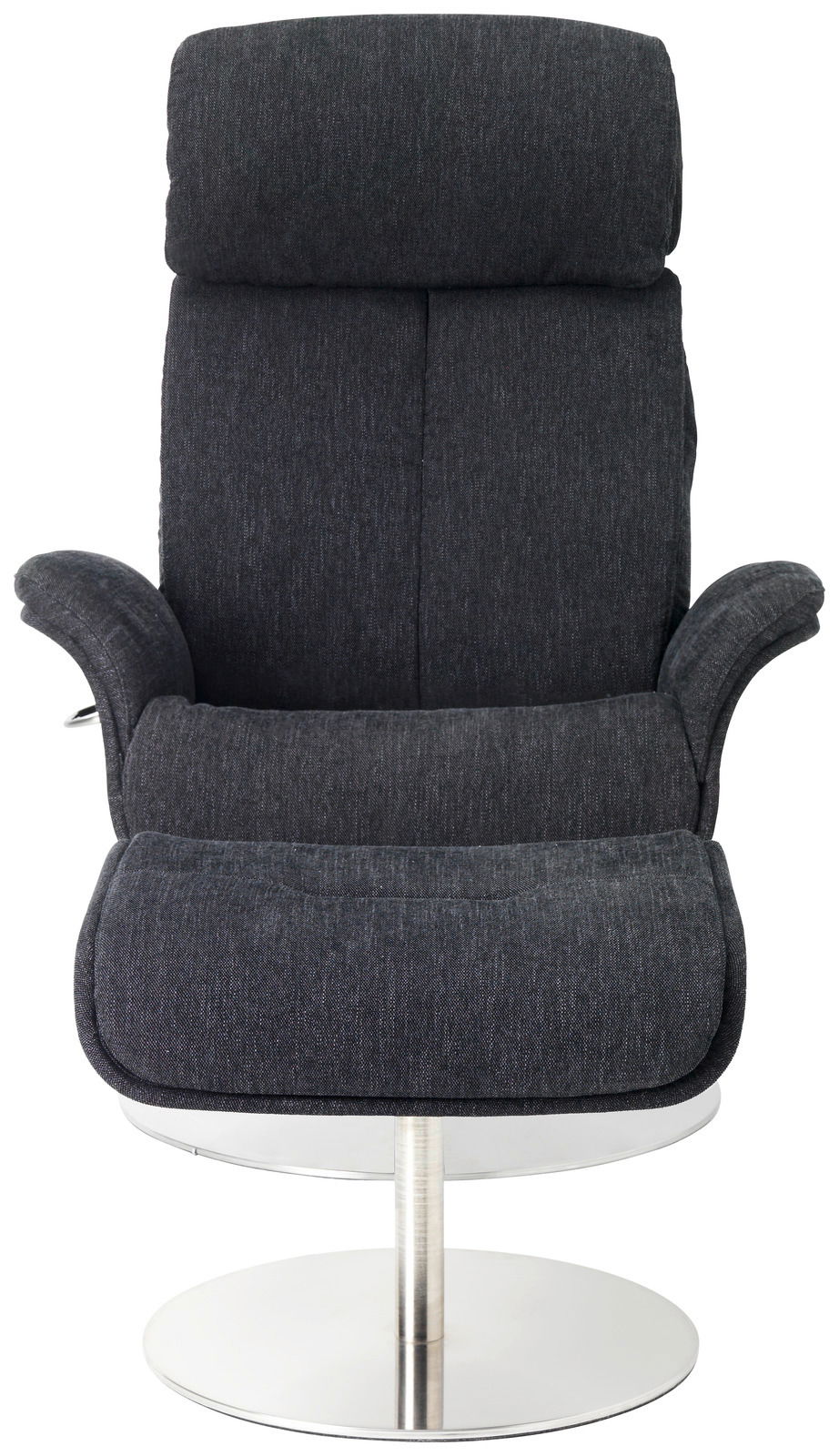 Frontansicht eines modernen, dunkelgrauen Relaxsessels mit verchromtem Standfuß.