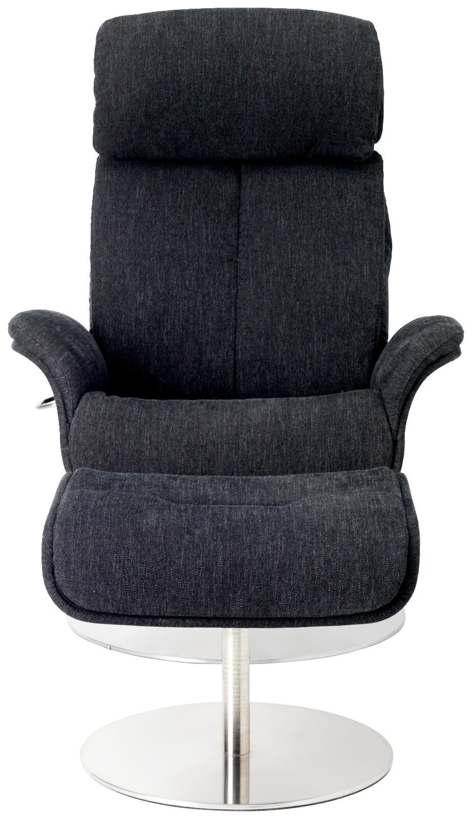 Vooraanzicht van een moderne, donkergrijze relaxfauteuil met een verchroomd onderstel.