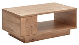 Moderner Couchtisch aus Holz in rechteckiger Form mit natürlicher Holzmaserung, seitliche Perspektive.
