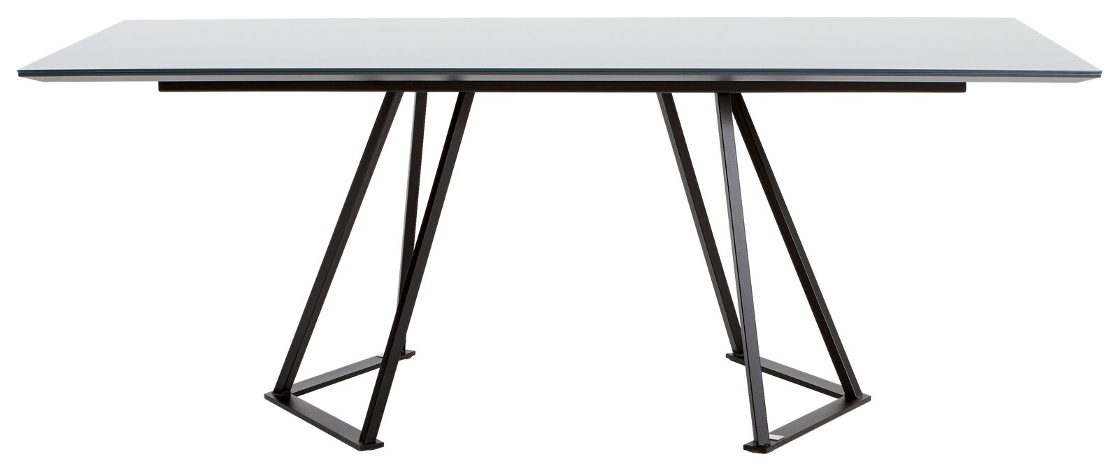 Moderner Esstisch mit Glasplatte und schwarzem Metallgestell, seitliche Perspektive