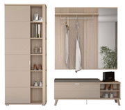 Garderoben-Set 3-tlg. in moderner Holzoptik, bestehend aus einem hohen Schrank mit Regalfächern, einer Wandgarderobe mit Spiegel und einer Sitzbank mit Stauraum, frontal abgebildet.