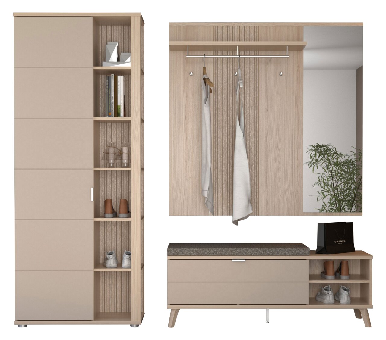 Garderobeset van 3-delig in moderne houtlook, bestaande uit een hoge kast met planken, een wandgarderobe met spiegel en een bankje met opbergruimte, hier afgebeeld in vooraanzicht.