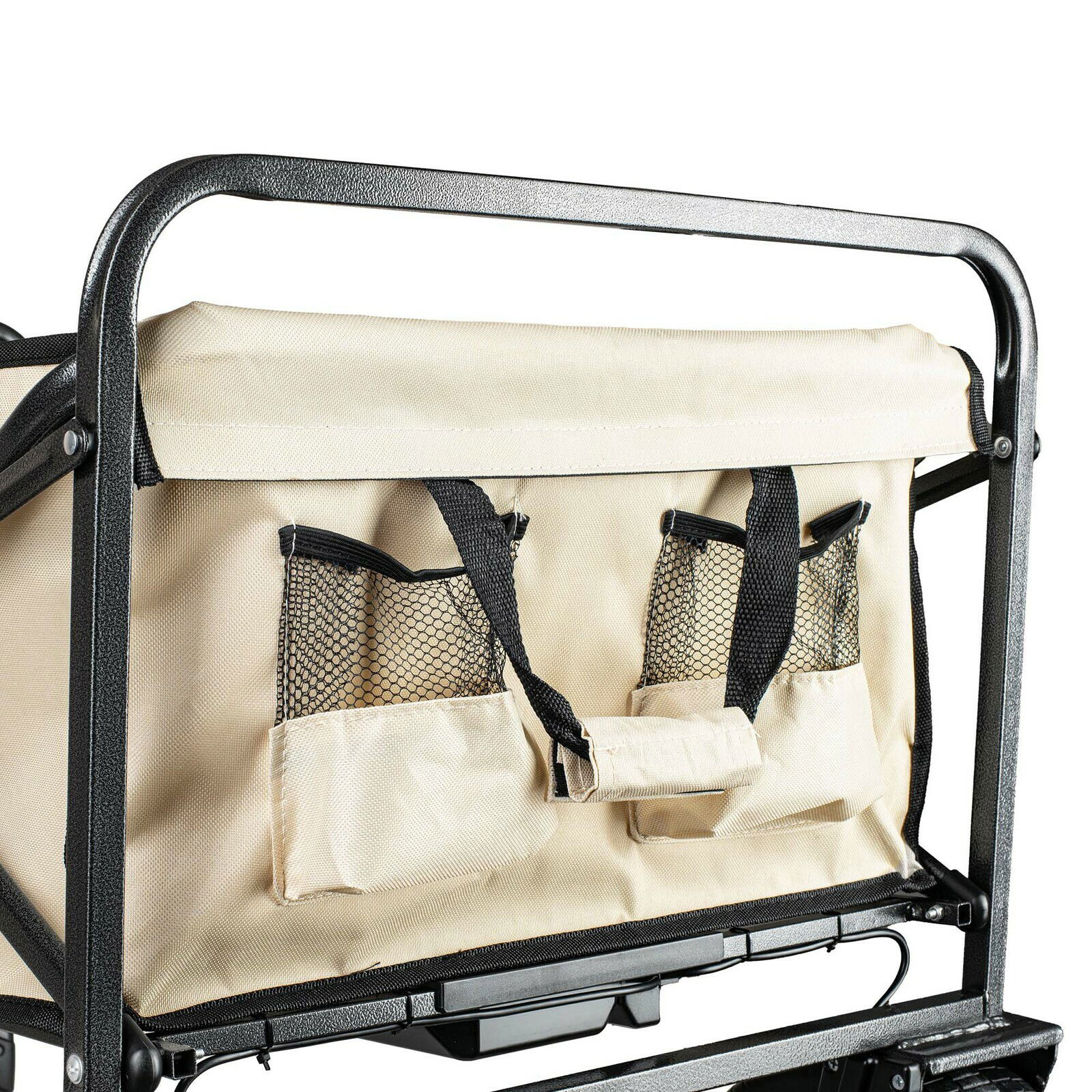 Rückansicht eines elektrischen Bollerwagens Falko mit beige Stofftaschen und schwarzem Metallrahmen.