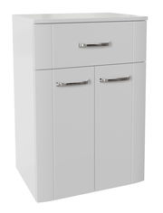 Moderner weißer Unterschrank mit einer Schublade und zwei Türen, Frontansicht