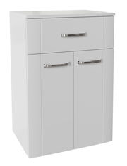 Moderner weißer Unterschrank mit einer Schublade und zwei Türen, Frontansicht