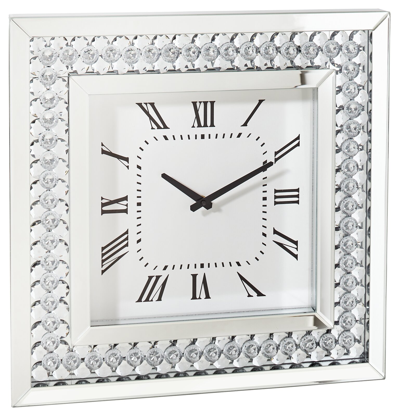 Quadratische Wanduhr mit römischen Ziffern und glitzerndem Rahmen, Frontalansicht